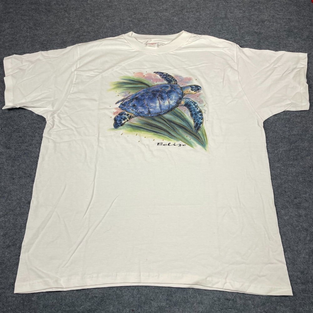 VTG Champ Sportswear T Shirt Mens XL White Turtle Belize Ocean Y2K Baggy Retro
